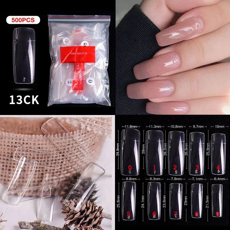 500pcs Natural Clear False Acrylic Nail Tips - Full/Half Cover Tips