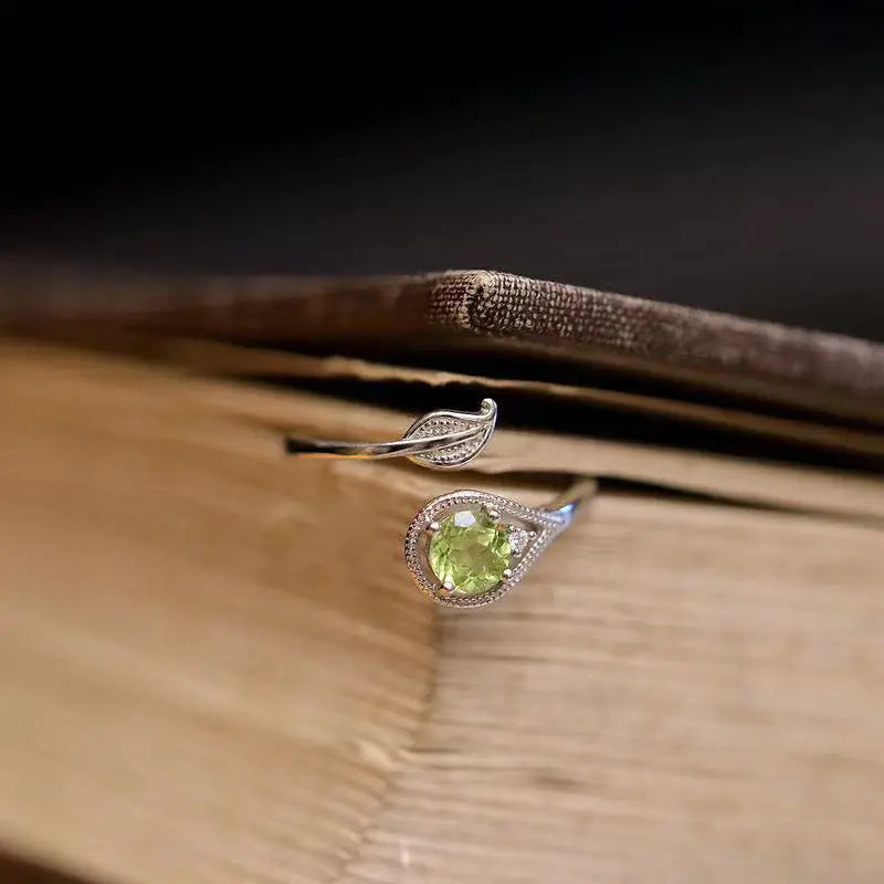 Olivine Green Gem Leaf & Branch Open Ring – White Gold Color