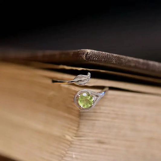 Olivine Green Gem Leaf & Branch Open Ring – White Gold Color