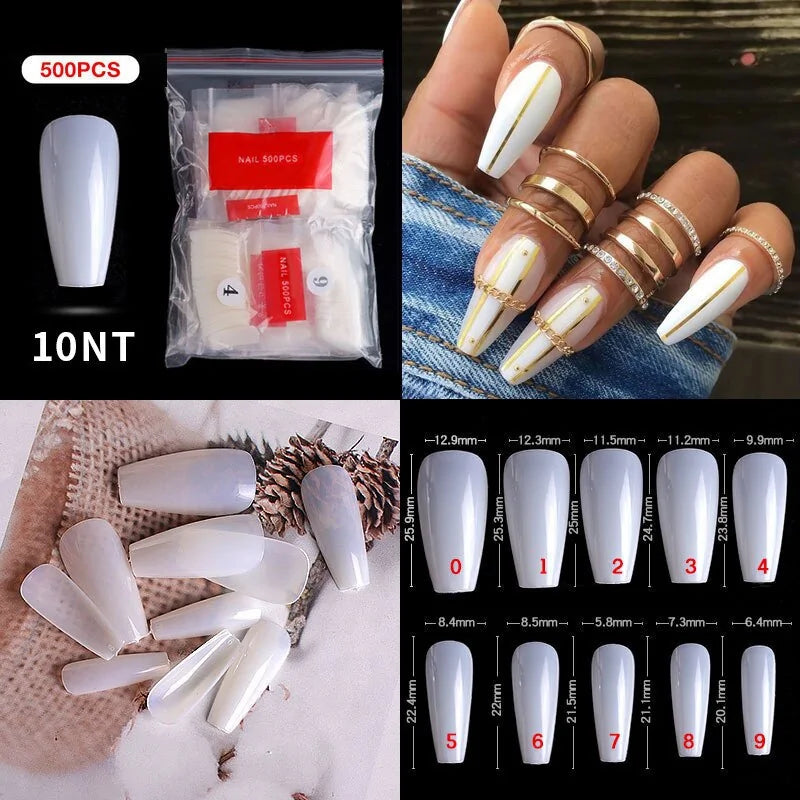 500pcs Natural Clear False Acrylic Nail Tips - Full/Half Cover Tips