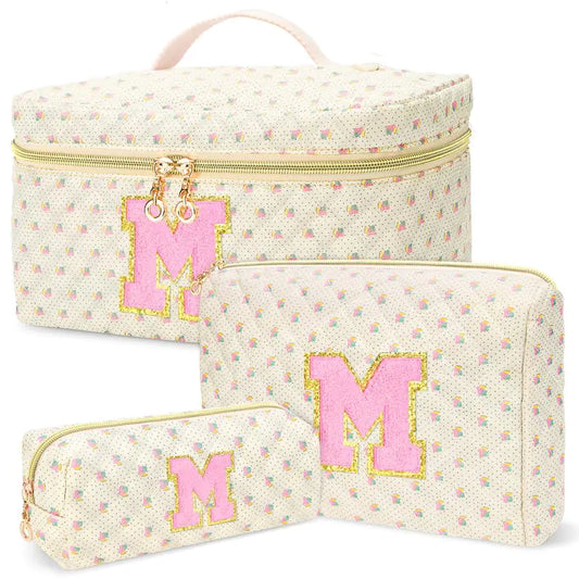 DOSUKE 3PCS Quilted Makeup Bags – Personalized Initial Toiletry Set (Yellow - M)