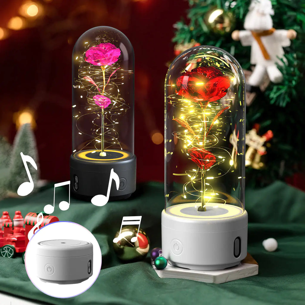 Creative 2 In 1 Rose Flowers LED Light And Bluetooth-compatible Speaker Rose Luminous Night Light Ornament In Glass Cover