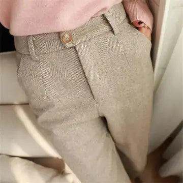 Women’s Casual Woolen Herringbone Trousers – Winter Style