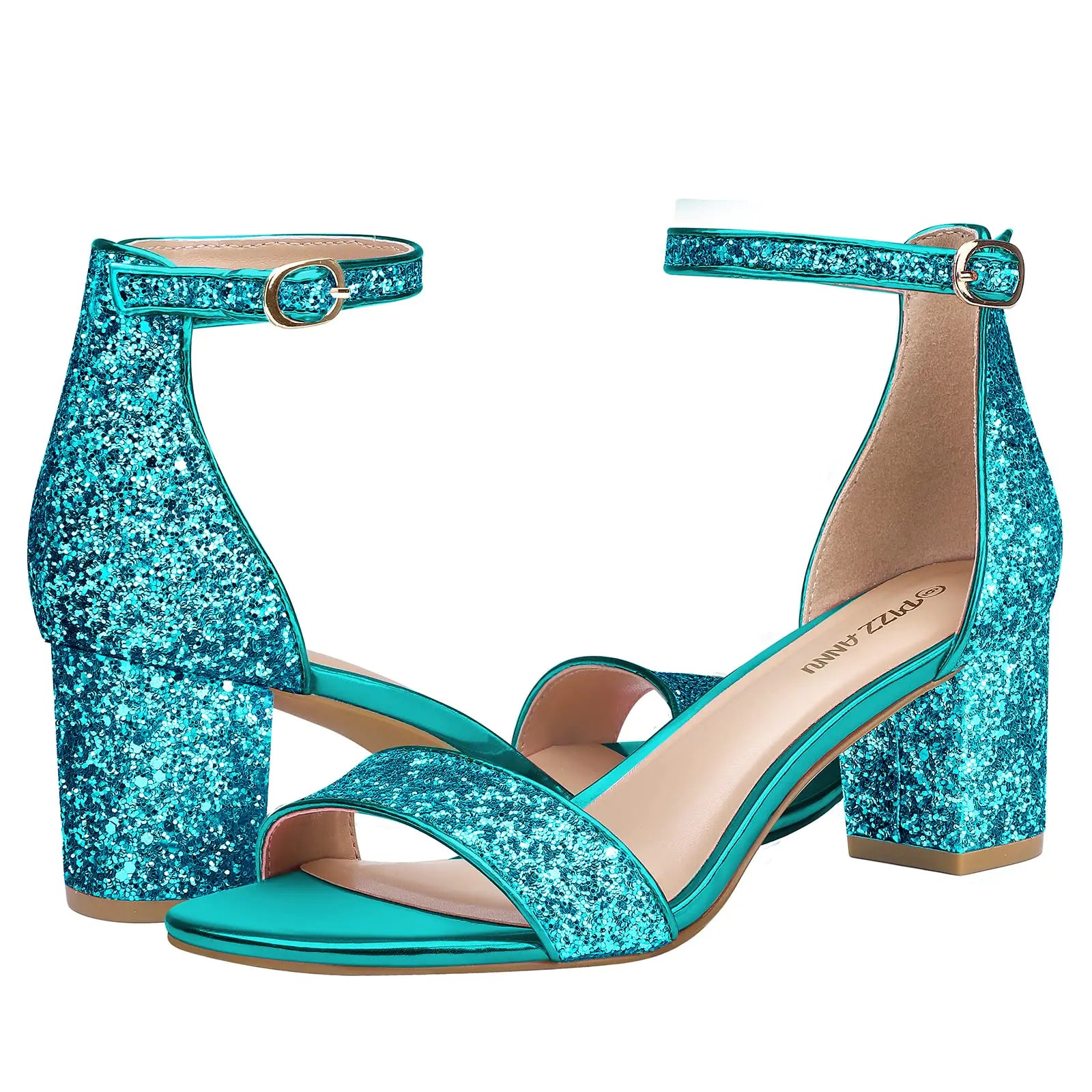 PIZZ ANNU Sandalias de tacón bajo y grueso para mujer, cómodas, con punta abierta y tiras en el tobillo, para fiesta, con hebilla y tiras, tacón grueso de 5 cm de alto, diseño de lentejuelas azules de 6 cm