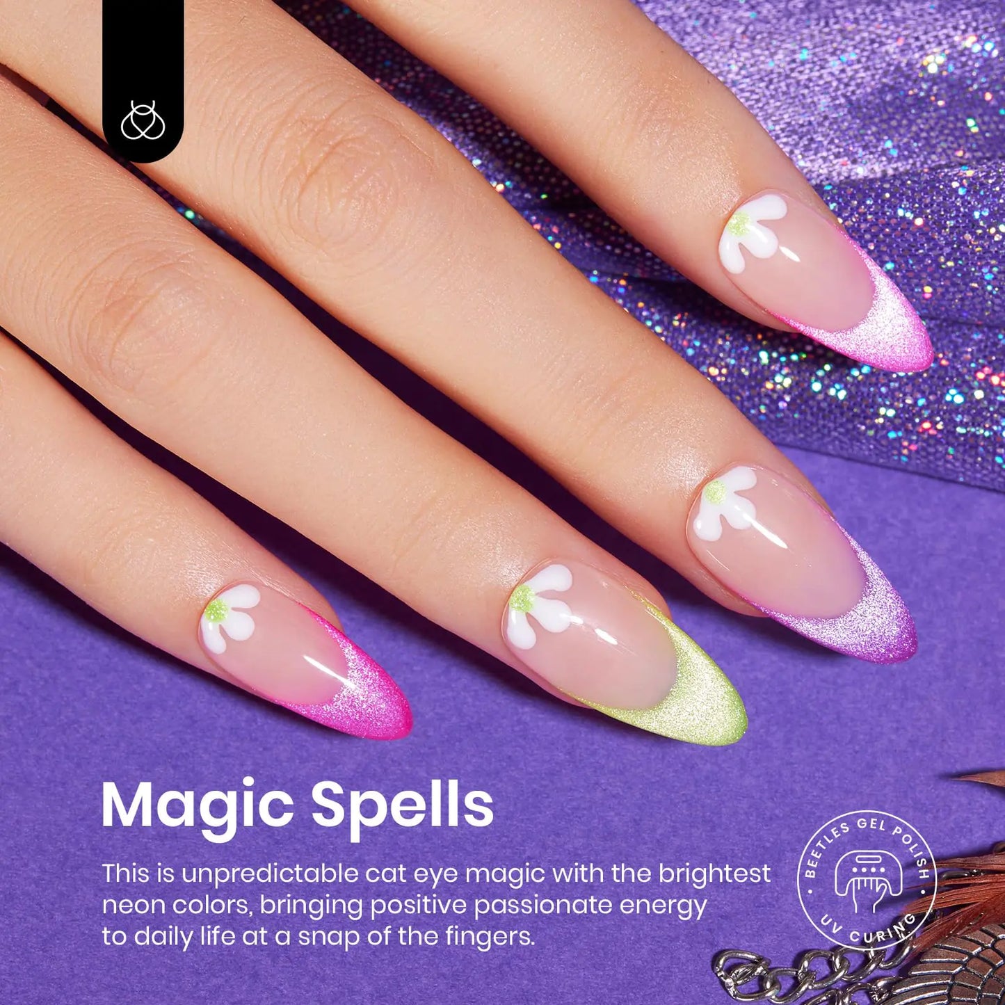 Beetles 6 Colors Summer Neon Cat Eye Gel Nail Polish Kit with Double-ended Magnet, Bright Orange Blue Green Purple Holographic Glitter Magic Spells Soak Off UV Led Gel Nail Polish Set Nail Art 0 - 6 Colors Cat Eyes Magic Spells