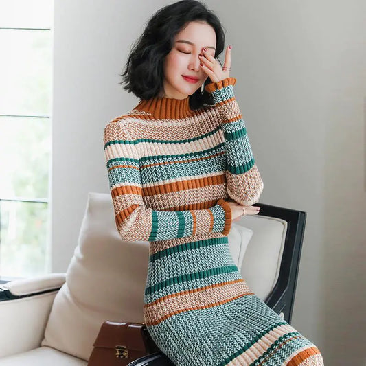 Knit Turtleneck Dress - Thick Sweater Dress