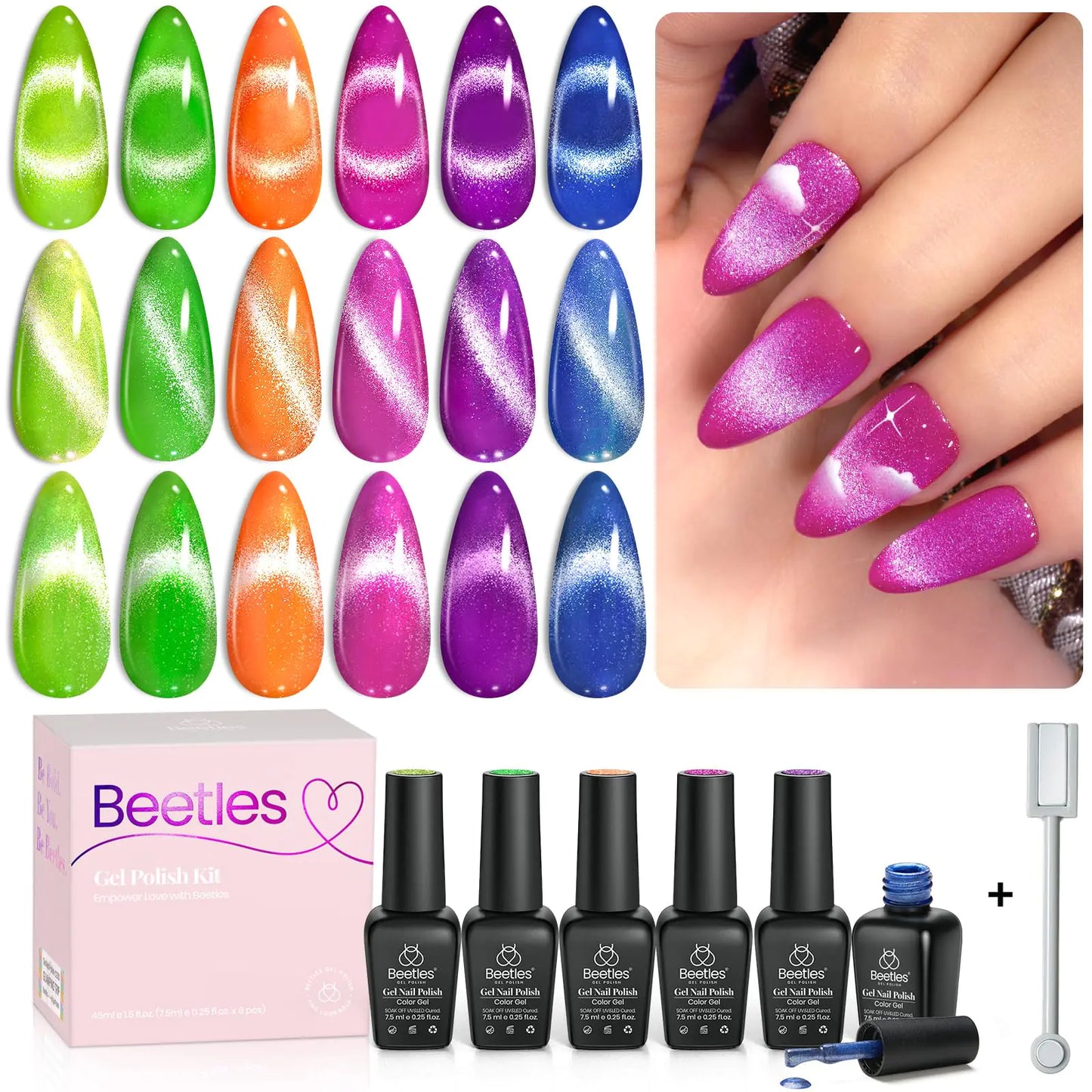 Beetles 6 Colors Summer Neon Cat Eye Gel Nail Polish Kit with Double-ended Magnet, Bright Orange Blue Green Purple Holographic Glitter Magic Spells Soak Off UV Led Gel Nail Polish Set Nail Art 0 - 6 Colors Cat Eyes Magic Spells