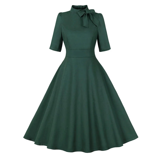 Vintage 1950s Swing Dress – Tie Neck Dark Green