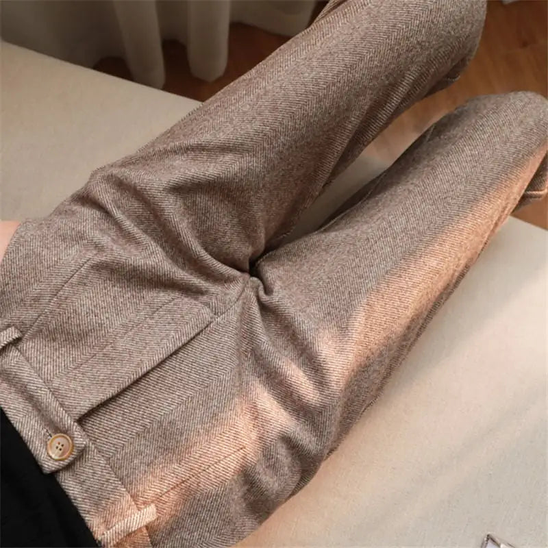 Women’s Casual Woolen Herringbone Trousers – Winter Style