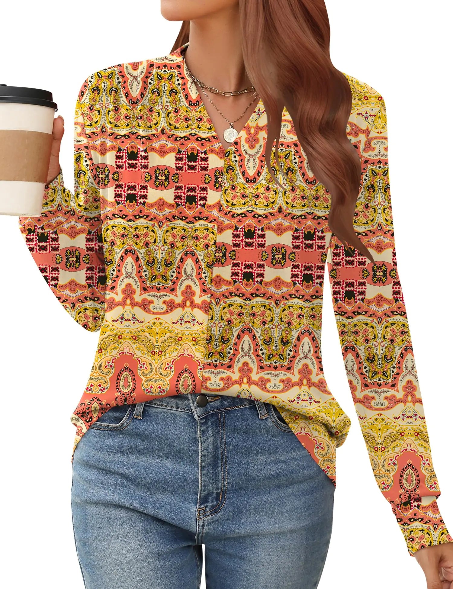 AKEWEI Womens Tops Trendy Going Out Business Casual Tops for Women Womens Clothing Long Sleeve V Neck T Shirts for Women Women Long Sleeve Blouses for Work Womens Tops Dressy Casual Fall 2024 - Trendy Home Mart