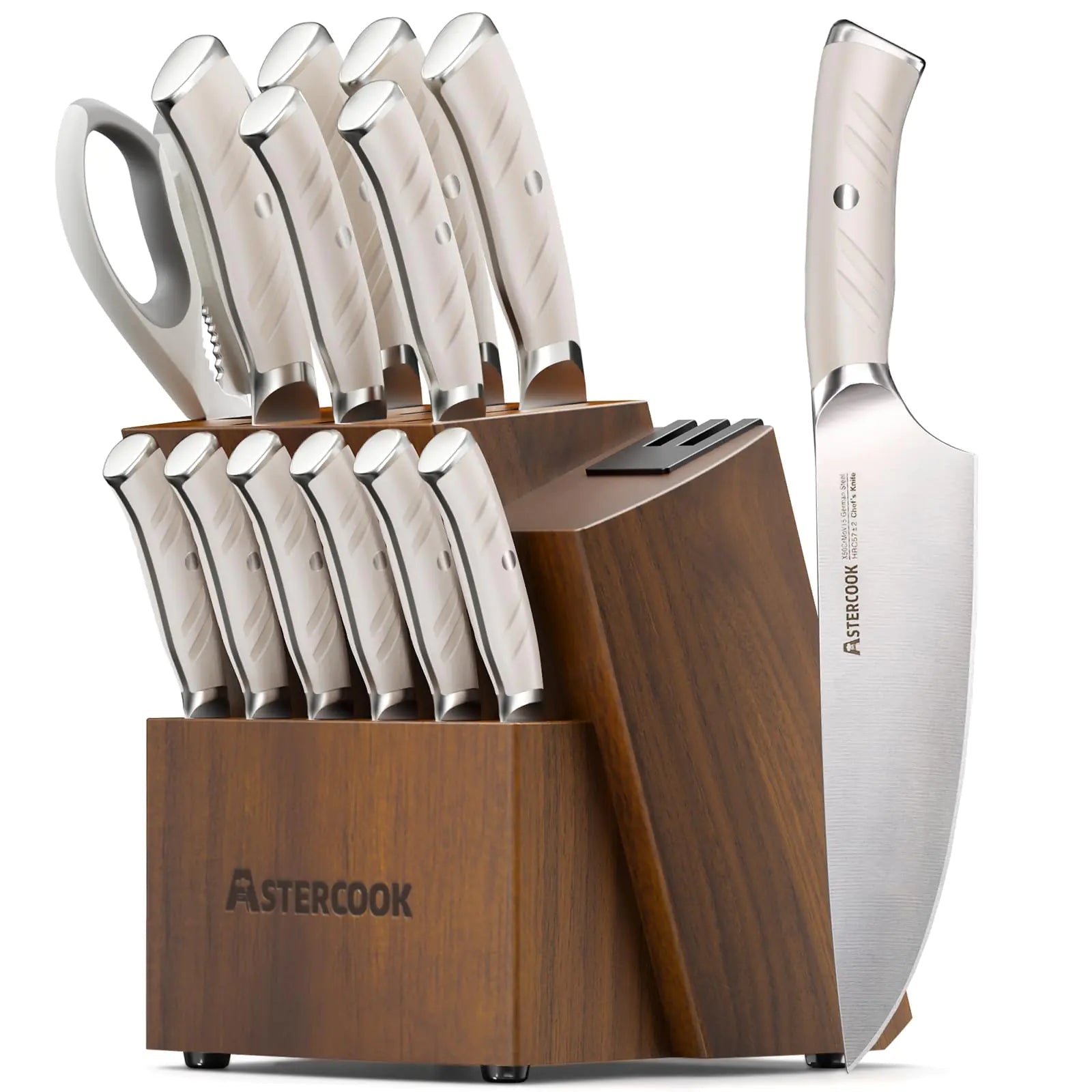 Astercook Knife Set Kitchen with Block and Dual Sharpener Full Tang 15 Pcs German Stainless Steel Knives Dishwasher Safe Kitchen Utensils Set with with and Anti - slip Ergonomic Handle Elegant White - Trendy Home Mart