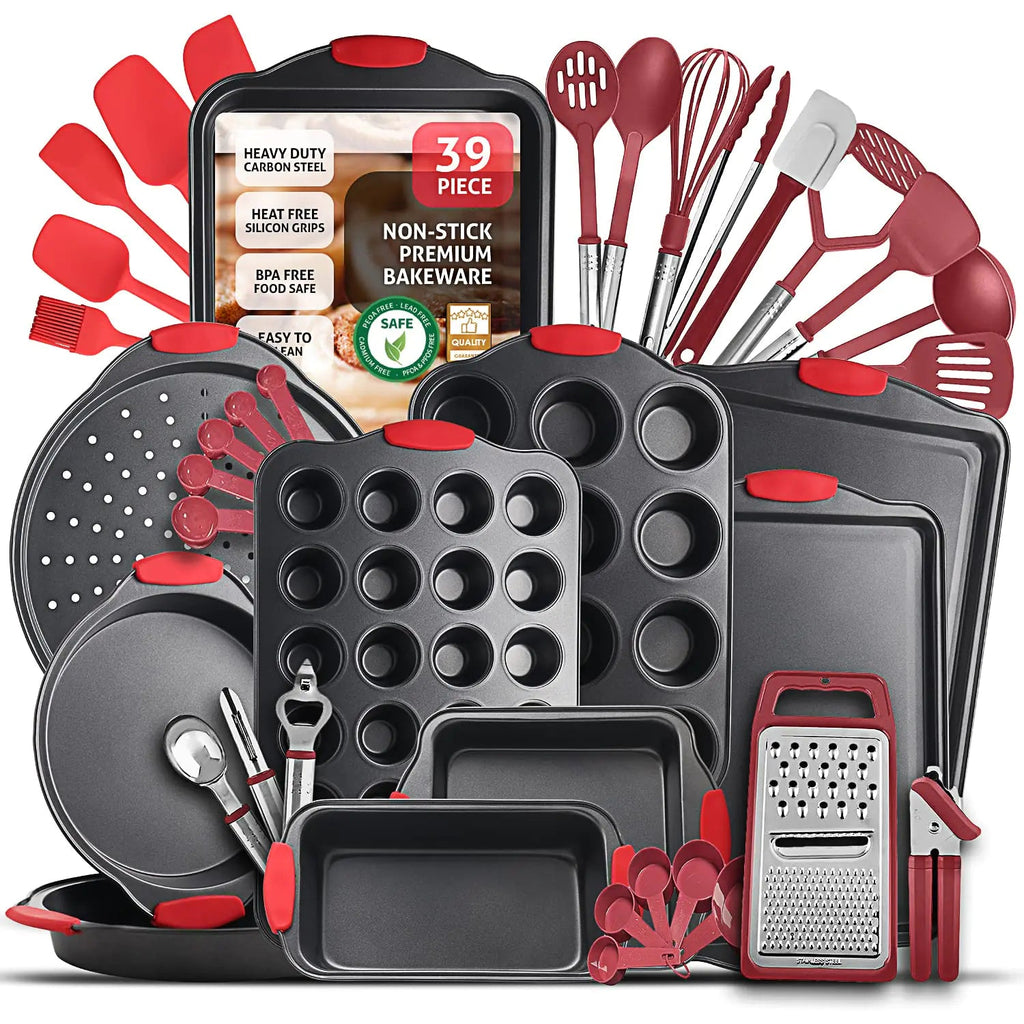 Baking Pan Set 39 Piece Premium Baking Set Nonstick Bakeware Sets BPA Free Cookie Sheets for Baking Nonstick Set Steel Baking Sheets for Oven with Muffin Pan Cake Pan & Red Kitchen Utensils - Trendy Home Mart