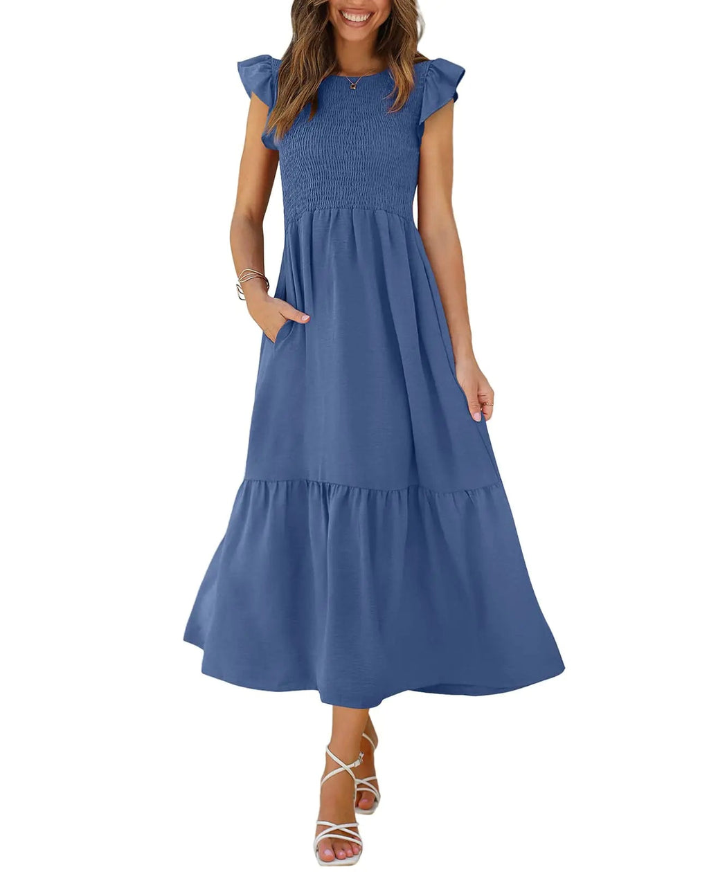 Casual Flowy Maxi Dress with Flutter Sleeves – Petite Length - Trendy Home Mart
