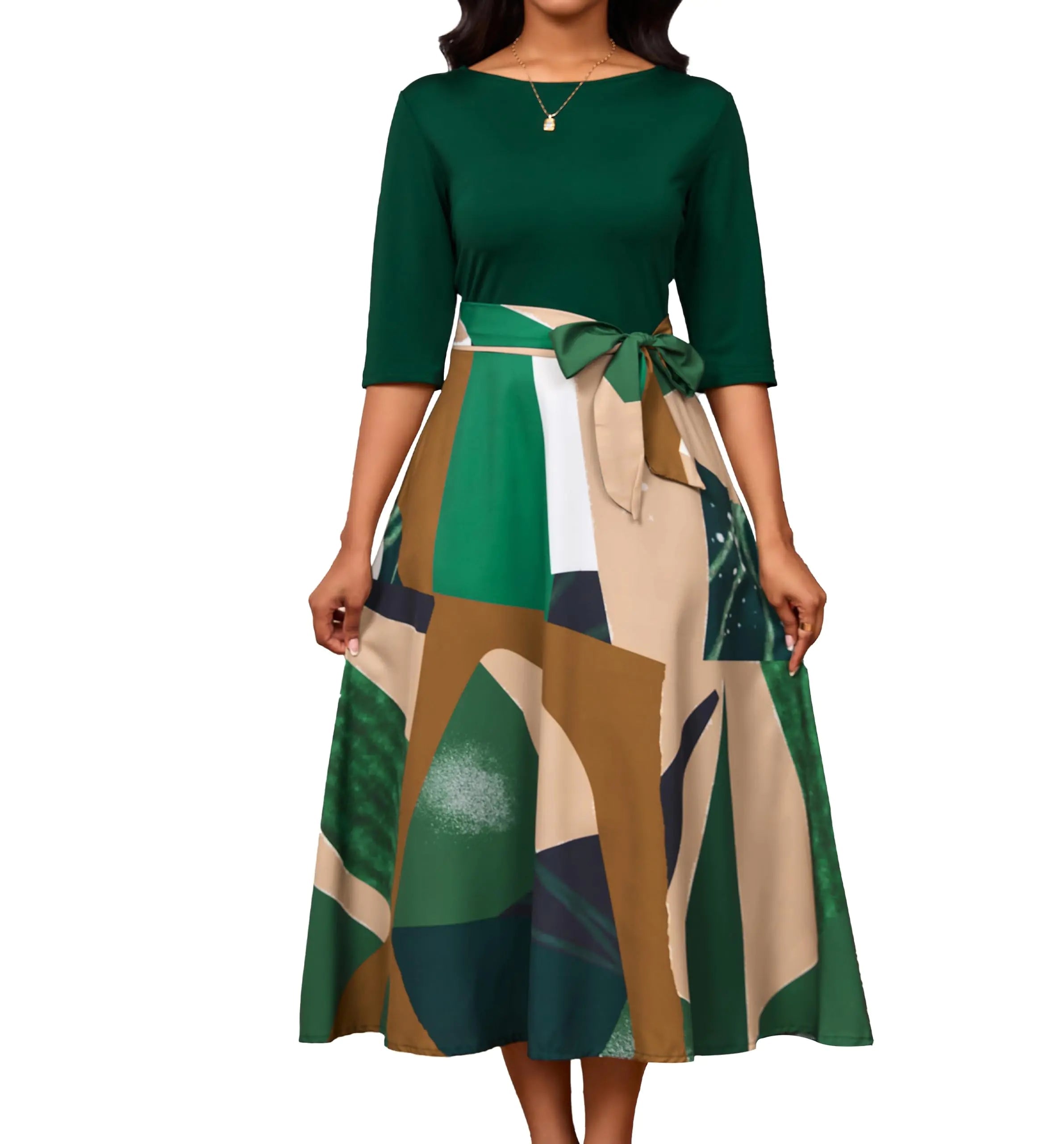 Color Block Maxi Church Dress – Elegant Half - Sleeve Green - Trendy Home Mart