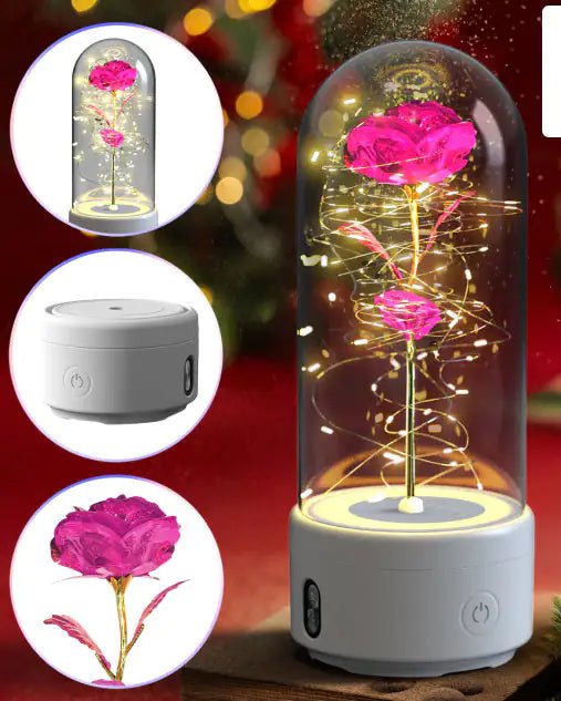 Creative 2 In 1 Rose Flowers LED Light And Bluetooth - compatible Speaker Rose Luminous Night Light Ornament In Glass Cover - Trendy Home Mart