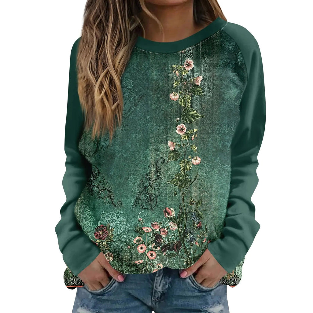 Crewneck Sweatshirts Women Womens Sweatshirts Sweatshirt for Womens Fashion Long Sleeve Crewneck Basics Tops Floral Print Trendy Cute Clothing Sherpa Overalls Women Dark Green XL - Trendy Home Mart