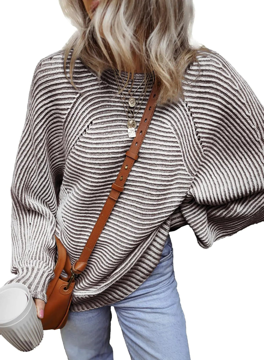 EVALESS Womens Sweaters Fall Outfits Long Sleeve Chunky Knit Tops Work Clothes Trendy 2024 Cute Boat Neck Batwing Sleeve Striped Pullover Sweater Winter Clothing Christmas Tops Brown XX - Large - Trendy Home Mart