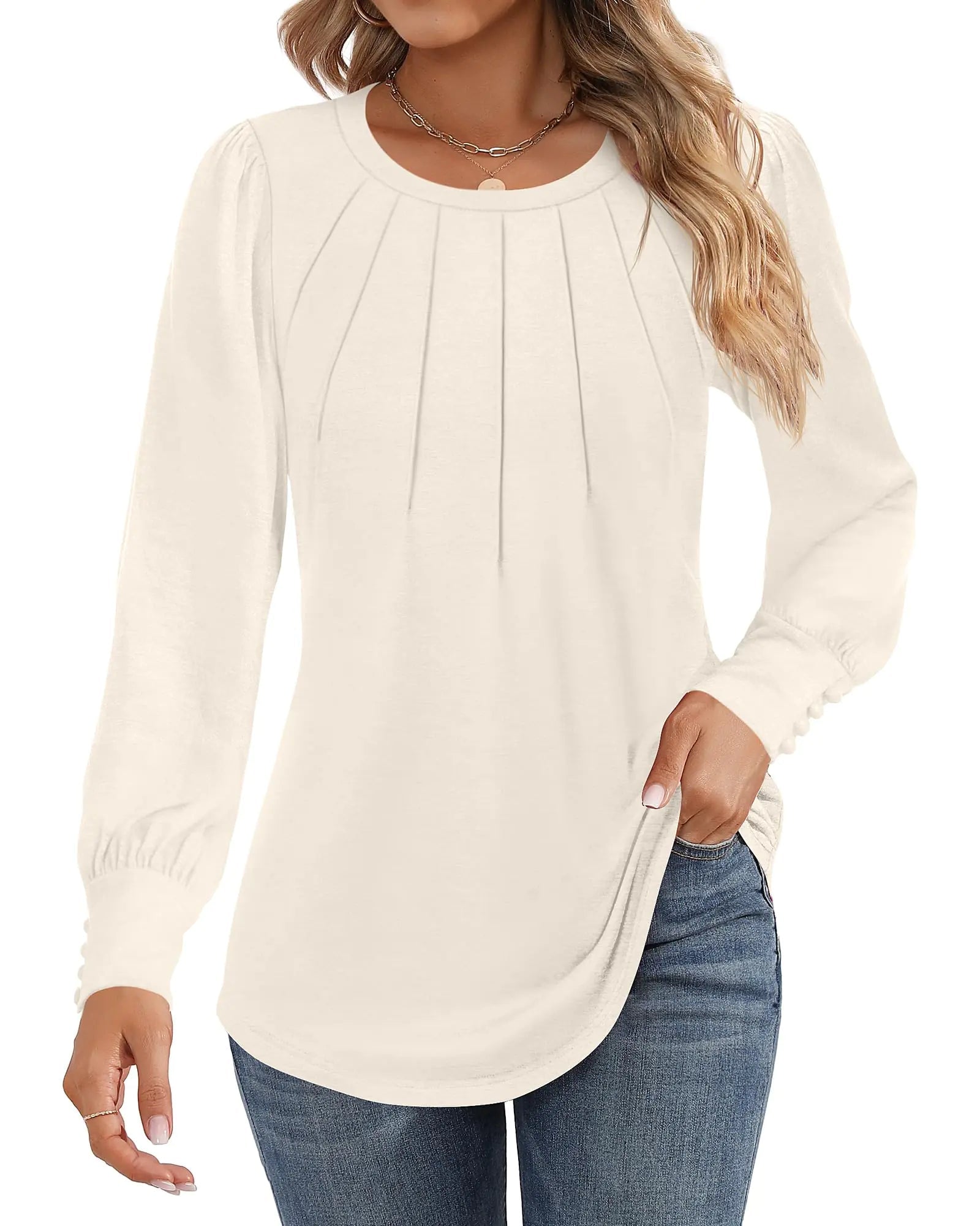 Ficerd Womens Puff Long Sleeve Tunic Tops Pleated Crew Neck Blouses Dressy Casual Shirts 2025 Trendy Clothing(CreamS) - Trendy Home Mart