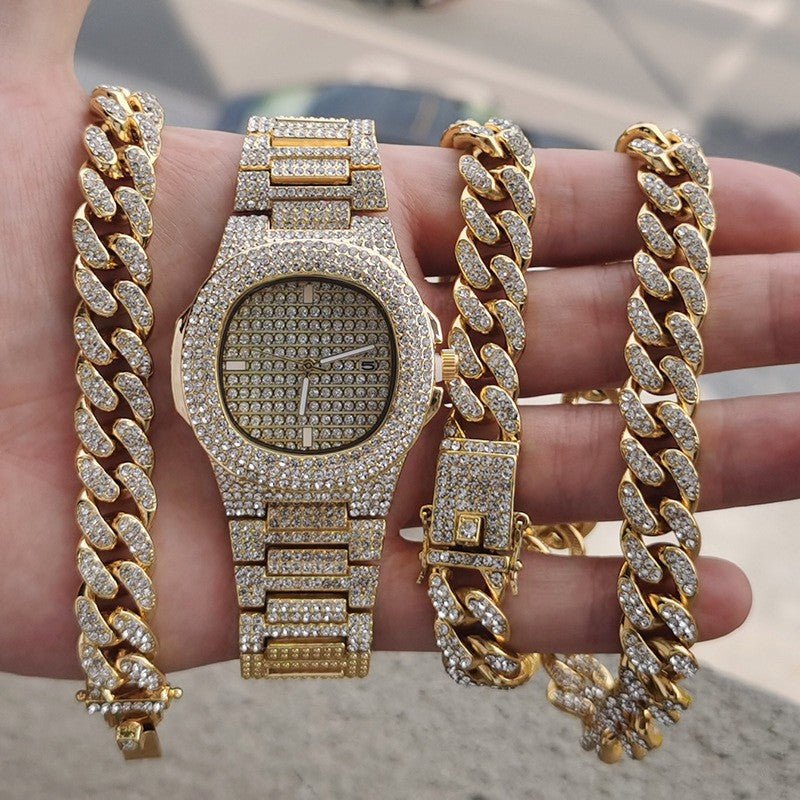 Gold-Plated Hip Hop Men's Jewelry Set with Rhinestones - Trendy Home Mart