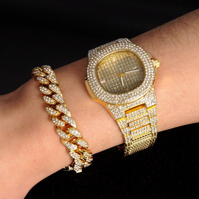 Gold-Plated Hip Hop Men's Jewelry Set with Rhinestones - Trendy Home Mart