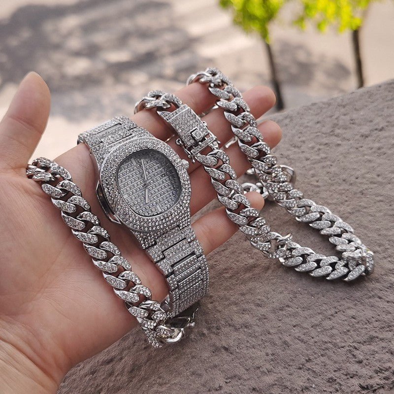 Gold-Plated Hip Hop Men's Jewelry Set with Rhinestones - Trendy Home Mart