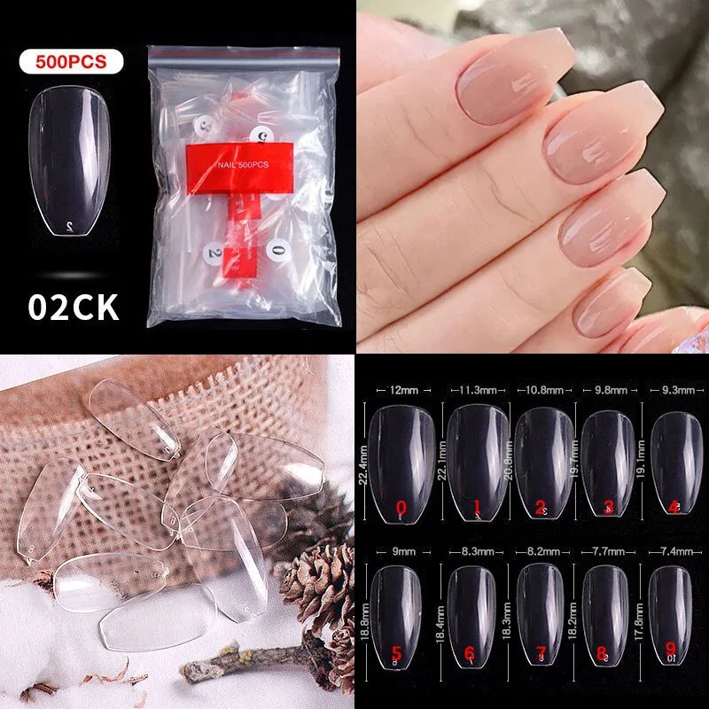 500pcs Natural Clear False Acrylic Nail Tips - Full/Half Cover Tips