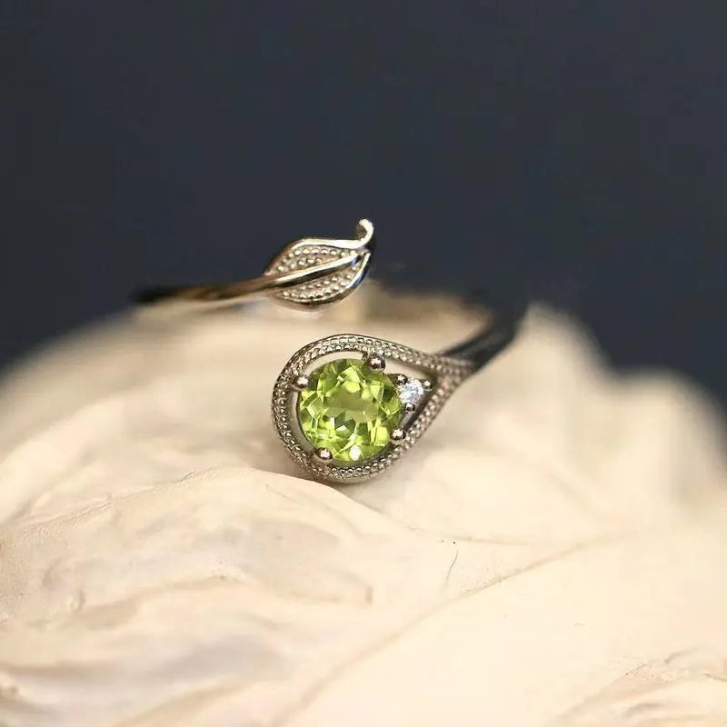 Olivine Green Gem Leaf & Branch Open Ring – White Gold Color