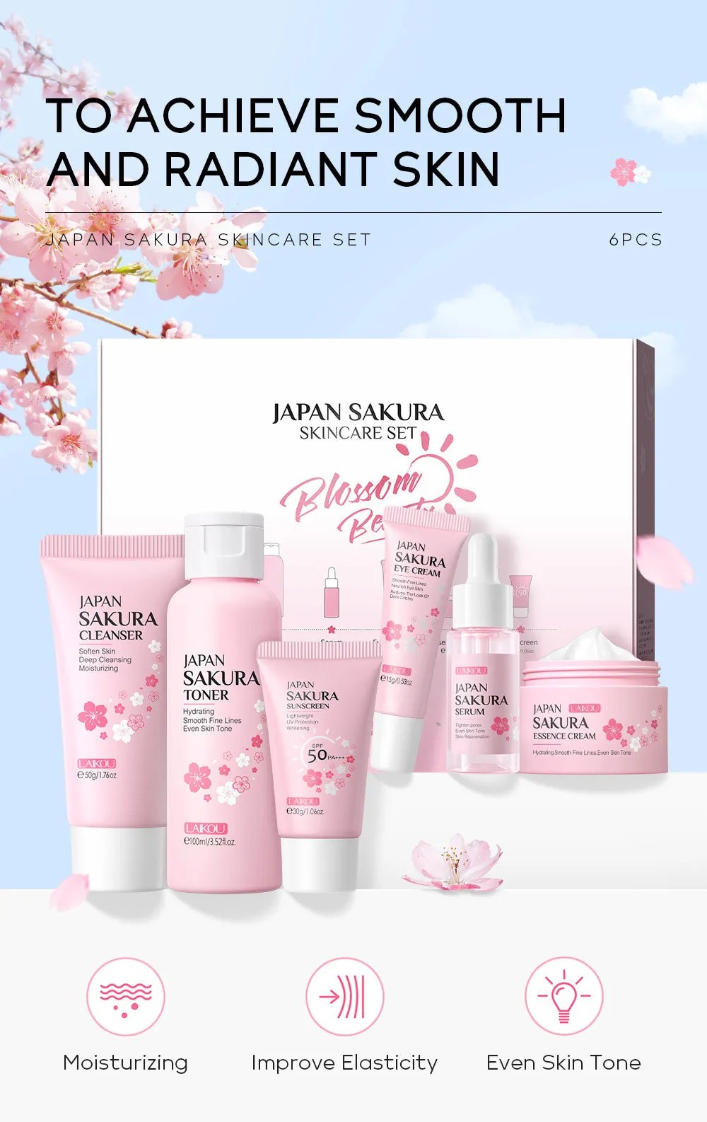 Japan Sakura Skin Care Set – 6 - Piece Travel - Friendly Kit - Trendy Home Mart