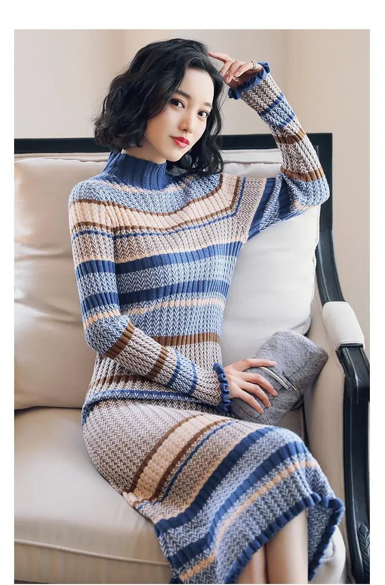 Knit Turtleneck Dress - Thick Sweater Dress - Trendy Home Mart