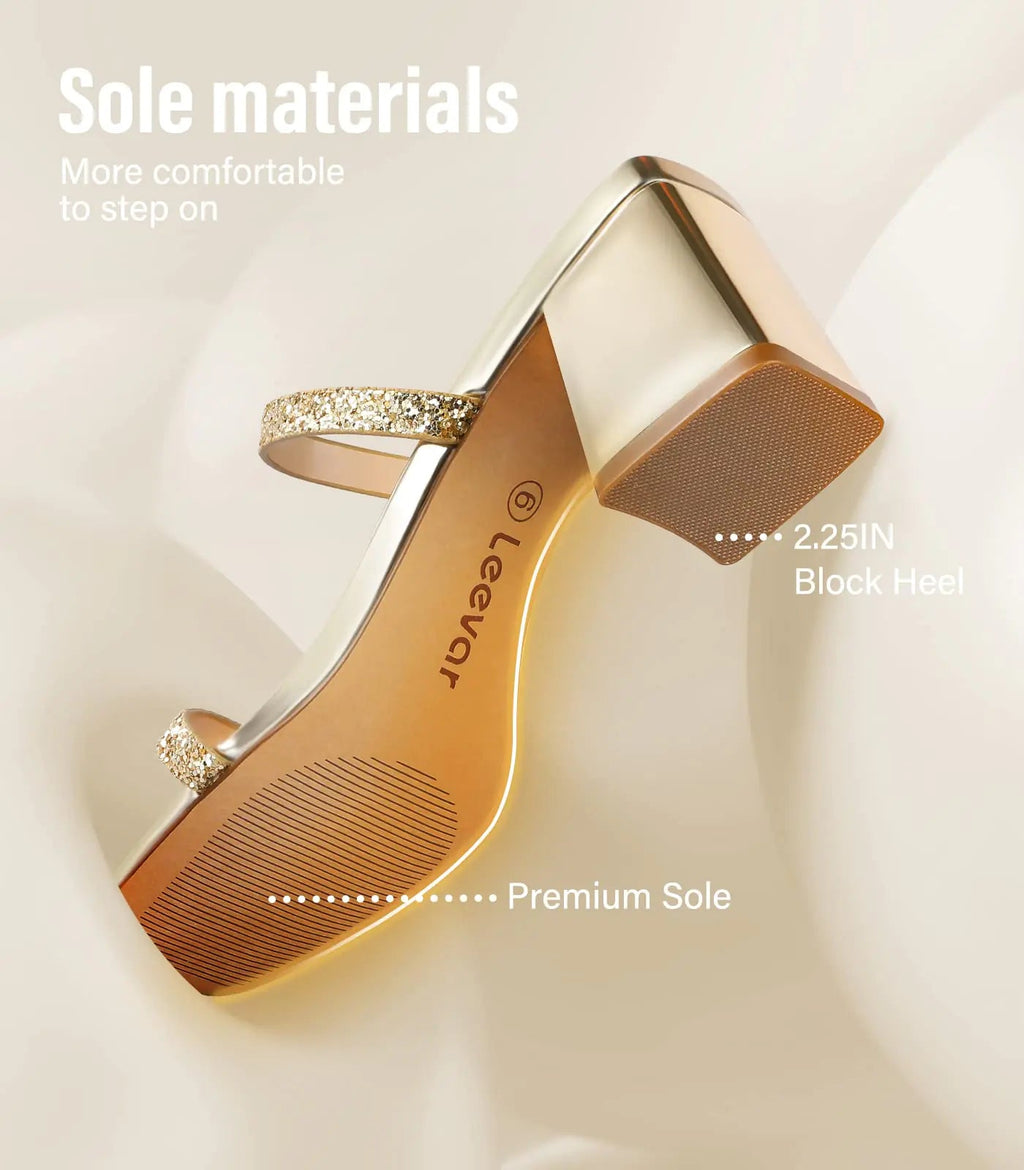 Leevar Square Toe Heeled Sandals for Women - Women's Low Block Heels Sandals - 2.25IN Open Toe Ankle Strap Chunky Heels - Slip on Heeled Sandal Mule - Nude Black Strappy Heels for Party Wedding Dress Shoes 6.5 Gold Glitter - Trendy Home Mart