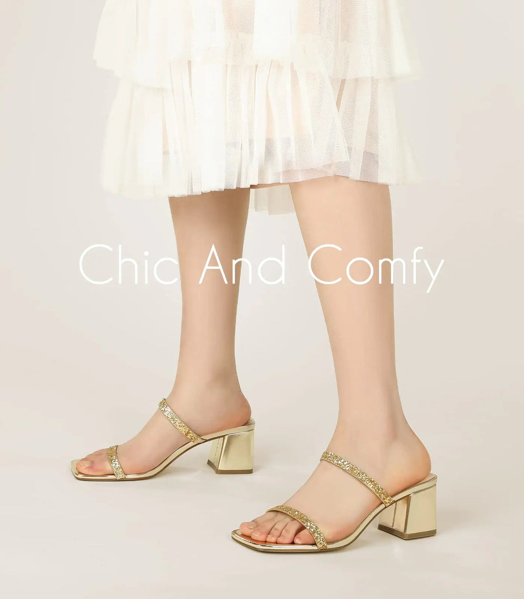 Leevar Square Toe Heeled Sandals for Women - Women's Low Block Heels Sandals - 2.25IN Open Toe Ankle Strap Chunky Heels - Slip on Heeled Sandal Mule - Nude Black Strappy Heels for Party Wedding Dress Shoes 6.5 Gold Glitter - Trendy Home Mart