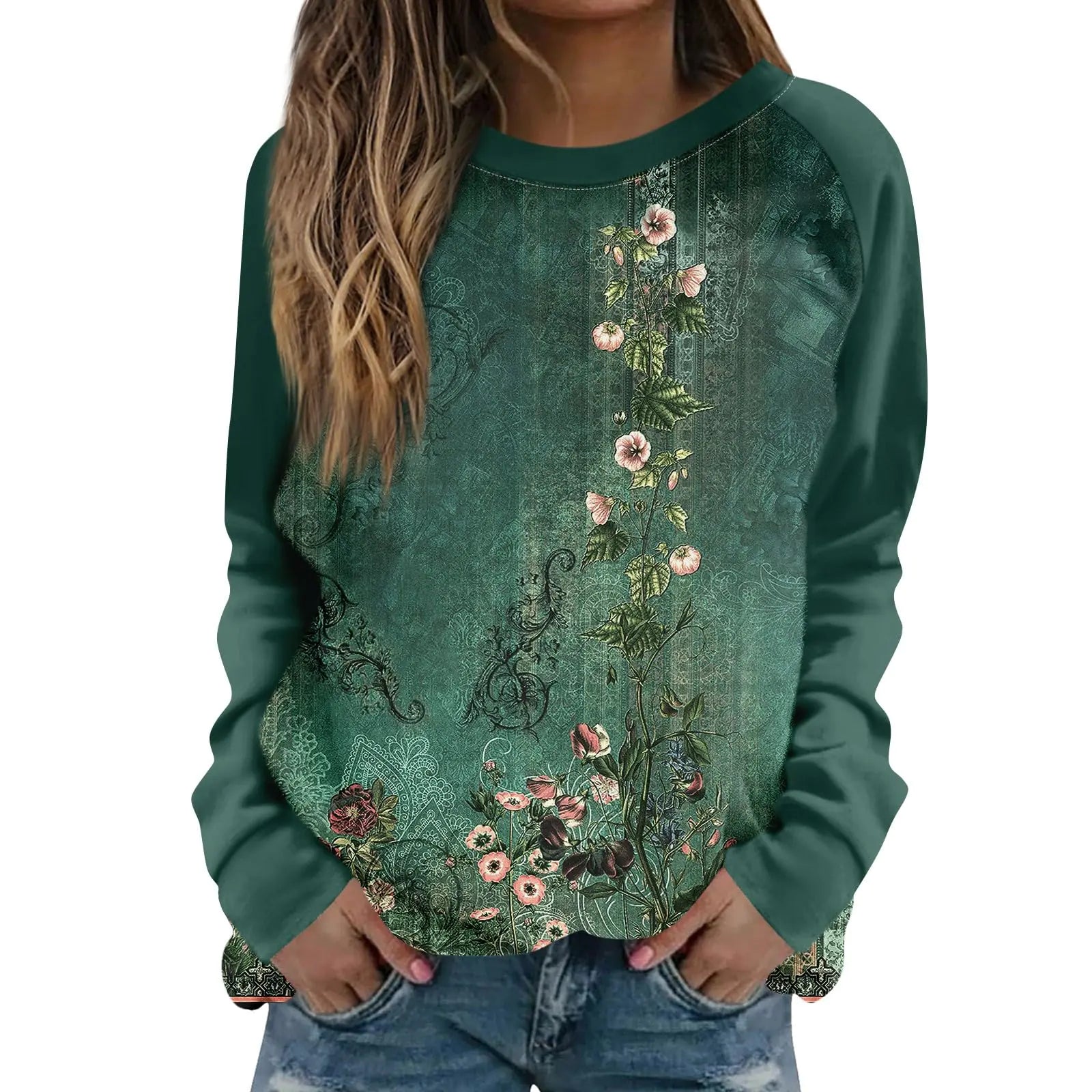 Crewneck Sweatshirts Women Womens Sweatshirts Sweatshirt for Womens Fashion Long Sleeve Crewneck Basics Tops Floral Print Trendy Cute Clothing Sherpa Overalls Women Dark Green XL