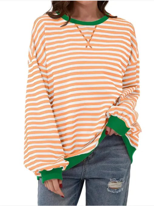 Loose Striped Long Sleeve T-shirt Casual Pullover Sweater For Womens Clothing - Trendy Home Mart