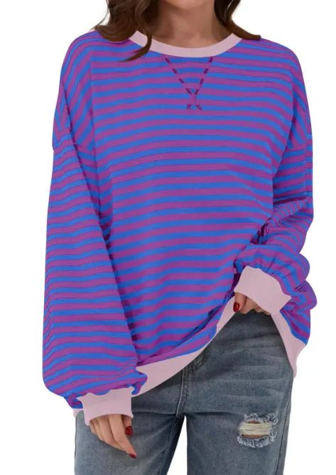 Loose Striped Long Sleeve T-shirt Casual Pullover Sweater For Womens Clothing - Trendy Home Mart
