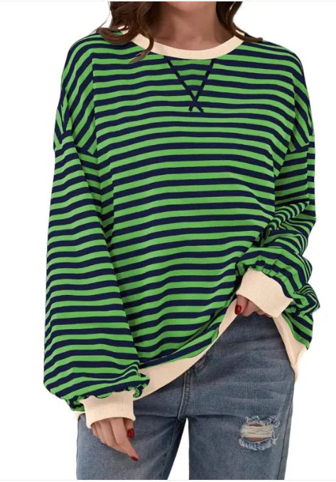 Loose Striped Long Sleeve T-shirt Casual Pullover Sweater For Womens Clothing - Trendy Home Mart