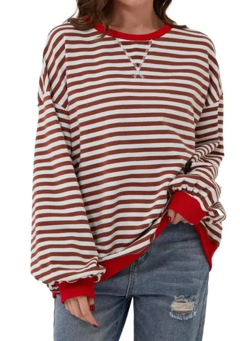 Loose Striped Long Sleeve T-shirt Casual Pullover Sweater For Womens Clothing - Trendy Home Mart