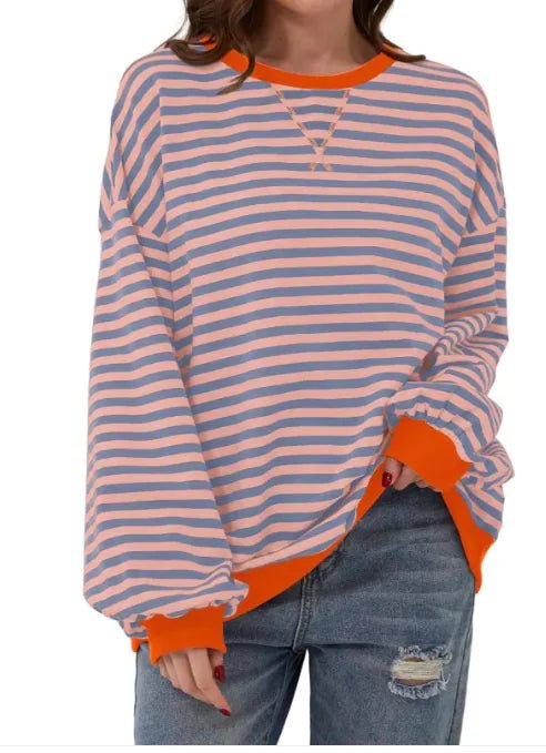 Loose Striped Long Sleeve T-shirt Casual Pullover Sweater For Womens Clothing - Trendy Home Mart