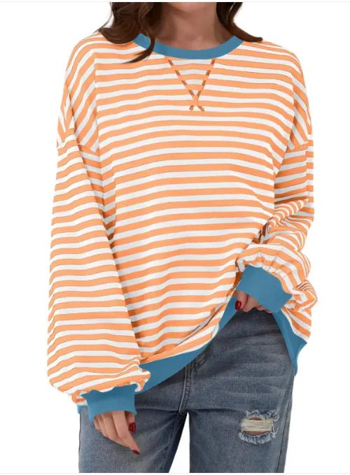 Loose Striped Long Sleeve T-shirt Casual Pullover Sweater For Womens Clothing - Trendy Home Mart