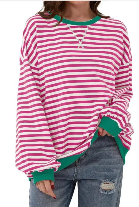 Loose Striped Long Sleeve T-shirt Casual Pullover Sweater For Womens Clothing - Trendy Home Mart