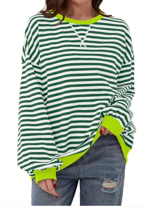 Loose Striped Long Sleeve T-shirt Casual Pullover Sweater For Womens Clothing - Trendy Home Mart