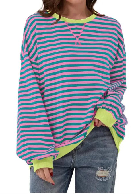 Loose Striped Long Sleeve T-shirt Casual Pullover Sweater For Womens Clothing - Trendy Home Mart