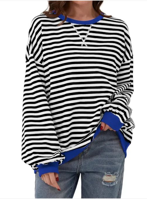 Loose Striped Long Sleeve T-shirt Casual Pullover Sweater For Womens Clothing - Trendy Home Mart