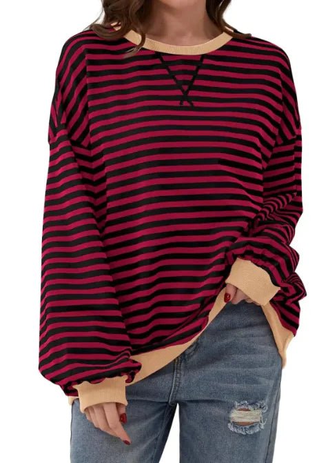 Loose Striped Long Sleeve T-shirt Casual Pullover Sweater For Womens Clothing - Trendy Home Mart