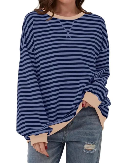 Loose Striped Long Sleeve T-shirt Casual Pullover Sweater For Womens Clothing - Trendy Home Mart