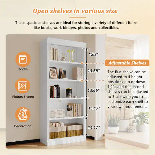 5-Tier Solid Wood Bookshelf – Adjustable Freestanding Storage (White)