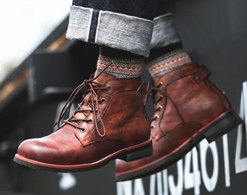 Men's Retro Lace - up Leather Ankle Motorcycle Boots - Trendy Home Mart