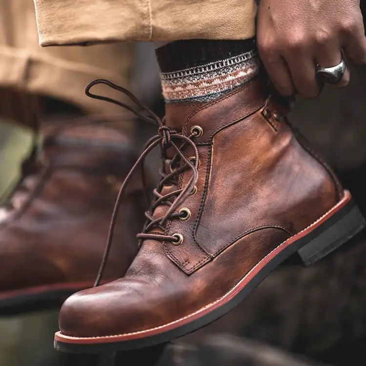 Men's Retro Lace - up Leather Ankle Motorcycle Boots - Trendy Home Mart