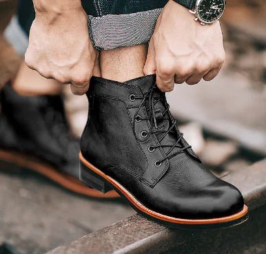 Men's Retro Lace - up Leather Ankle Motorcycle Boots - Trendy Home Mart