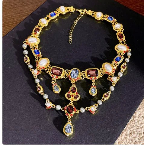 Mid - ancient Temperament Pearl Crystal Shining Diamond Tassel Clavicle Chain Color Gem Neckband Necklace - Trendy Home Mart