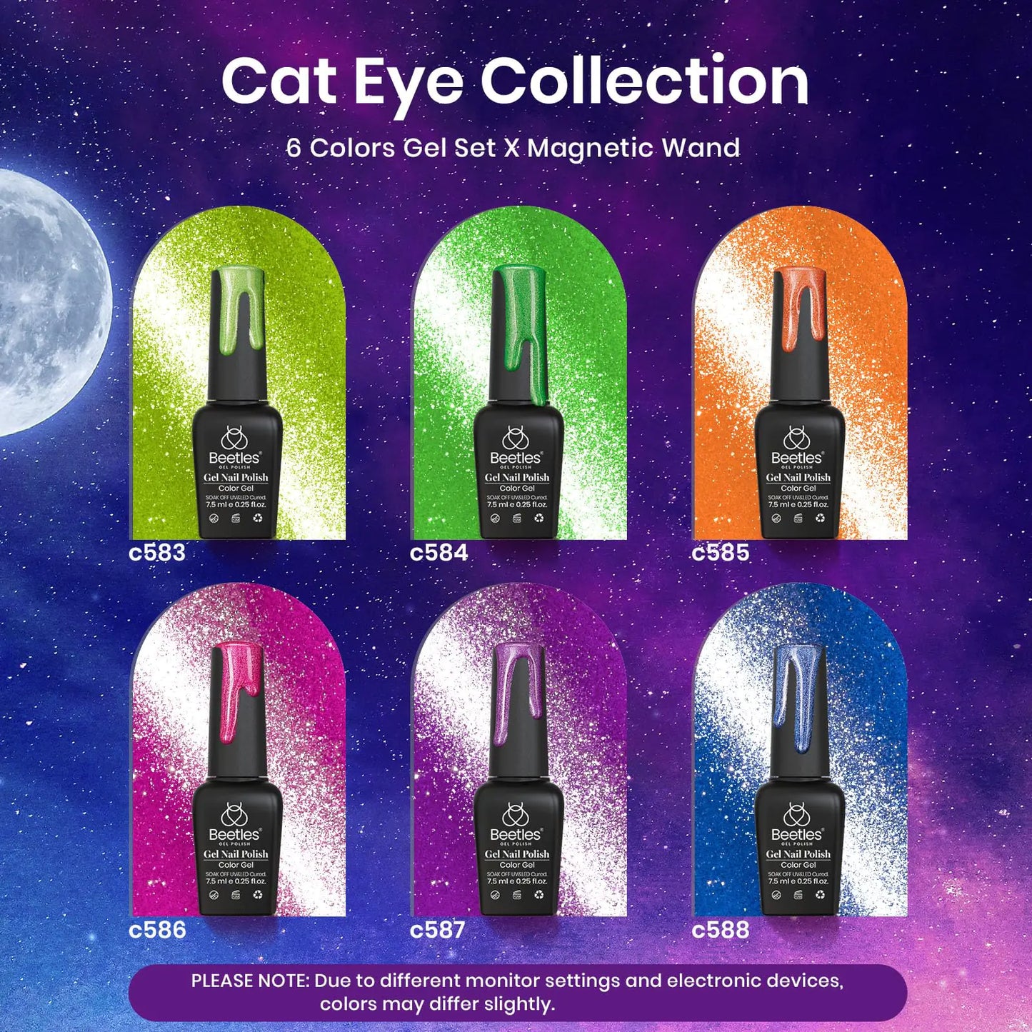 Beetles 6 Colors Summer Neon Cat Eye Gel Nail Polish Kit with Double-ended Magnet, Bright Orange Blue Green Purple Holographic Glitter Magic Spells Soak Off UV Led Gel Nail Polish Set Nail Art 0 - 6 Colors Cat Eyes Magic Spells